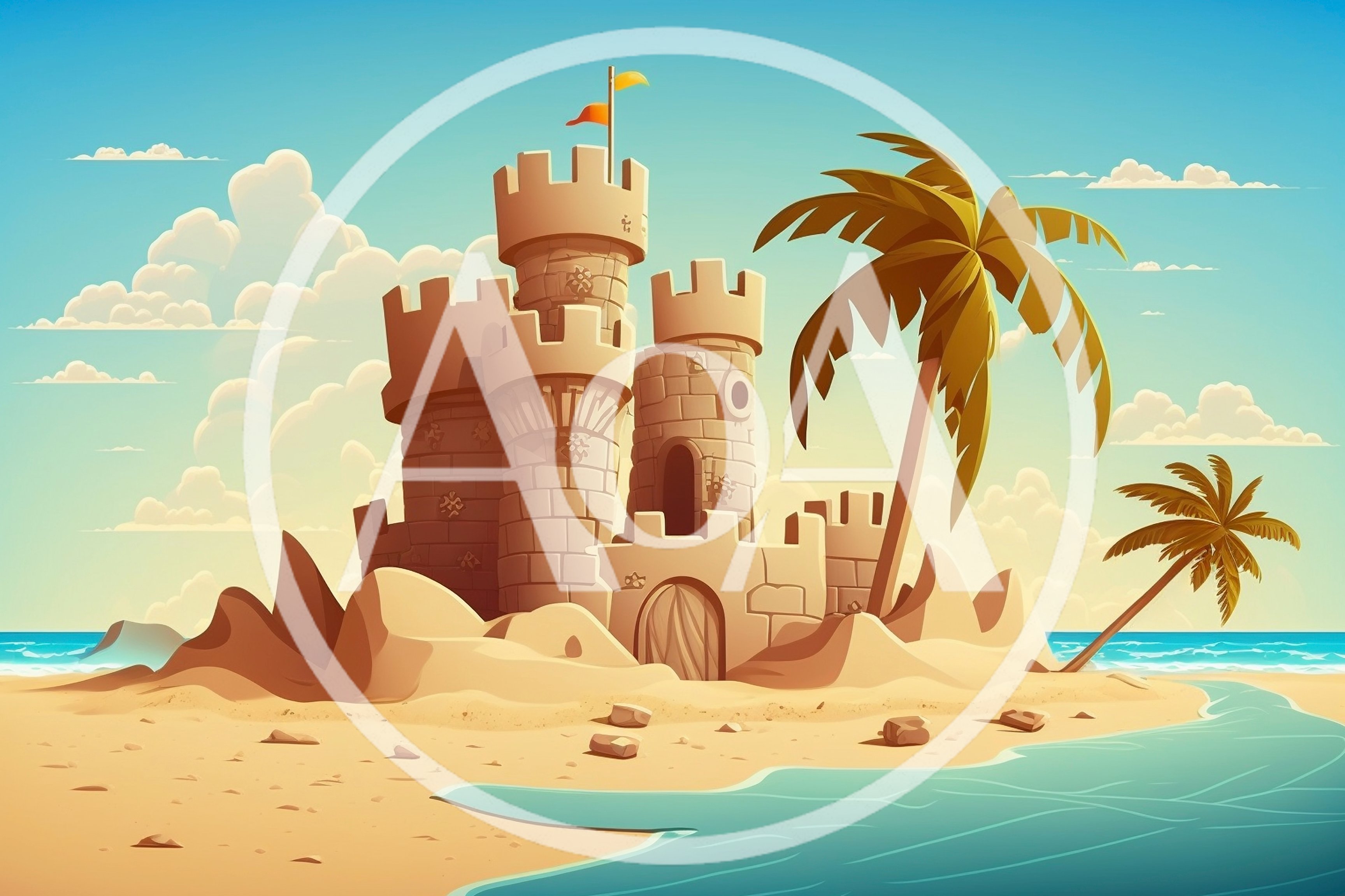 Sandcastle On A Tropical Beach With Palm Trees