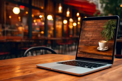 Laptop Displaying Coffee Image On Cafe Table