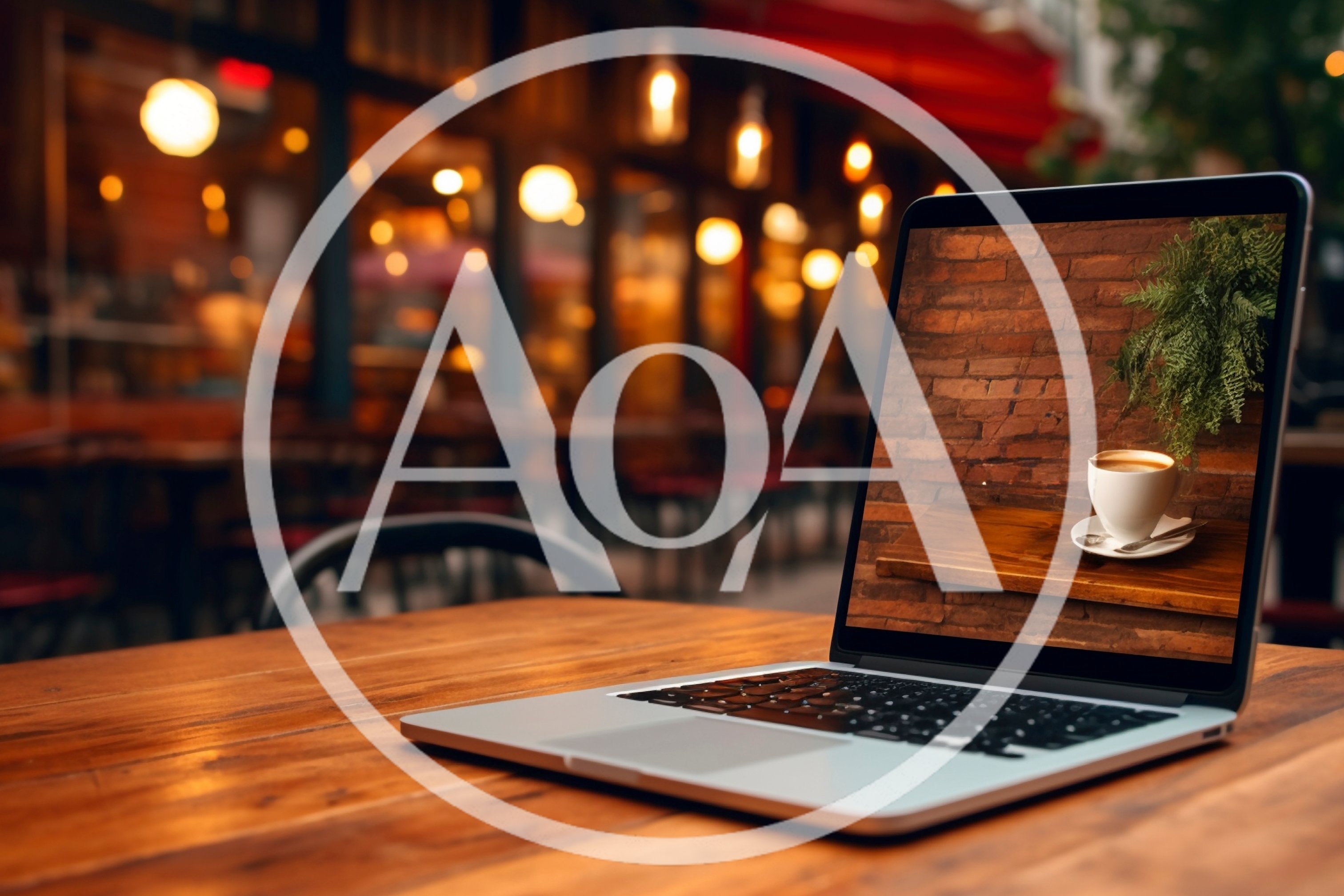 Laptop Displaying Coffee Image On Cafe Table