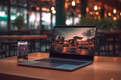 Laptop and Smartphone on Wooden Table in Cafe