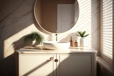 Modern Bathroom Vanity With Marble Countertop And Round Mirror