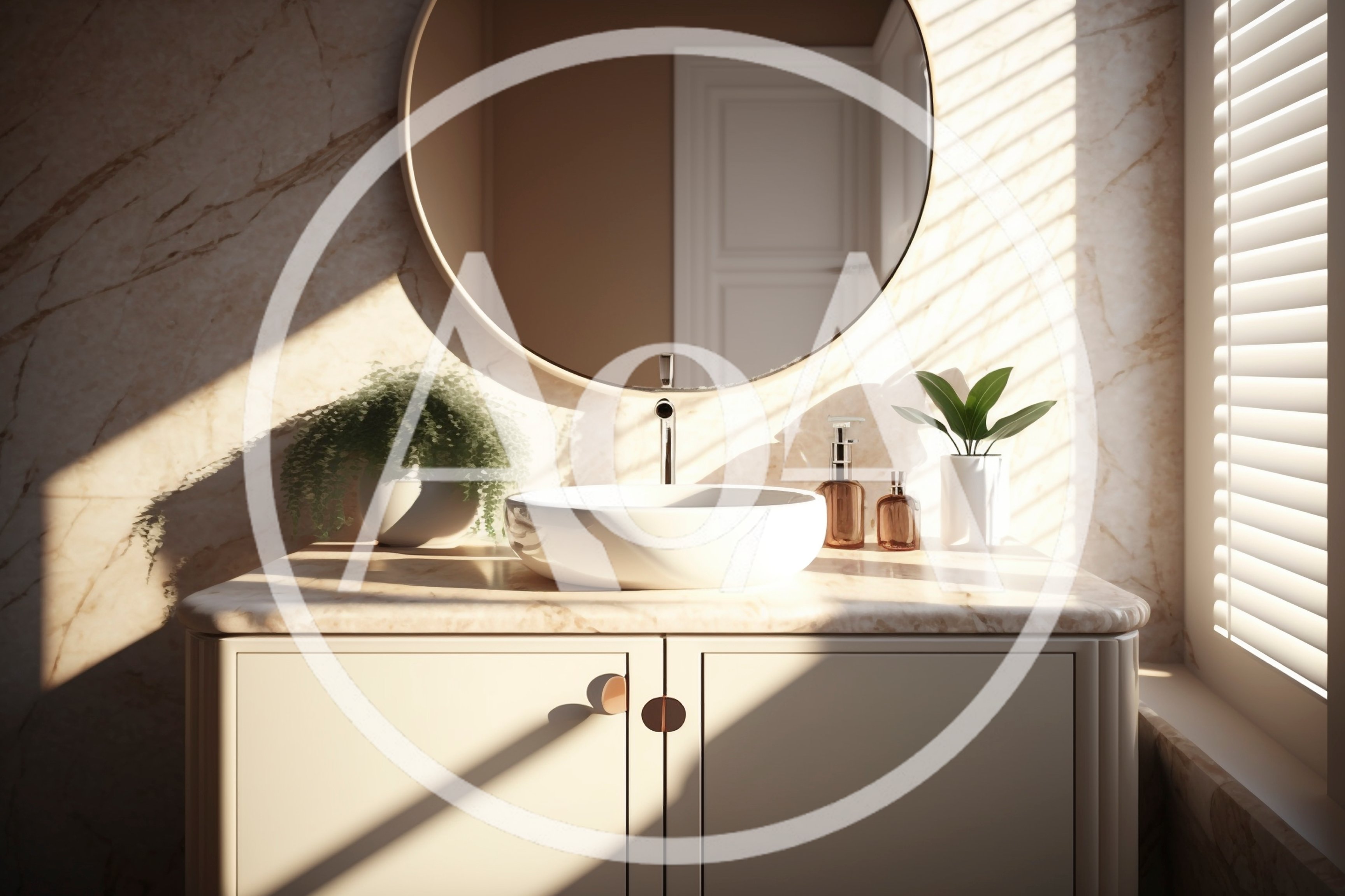 Modern Bathroom Vanity With Marble Countertop And Round Mirror