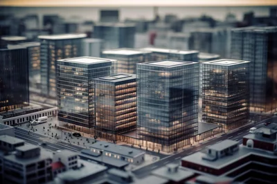 Miniature Tilt Shift View Of Modern City Skyscrapers