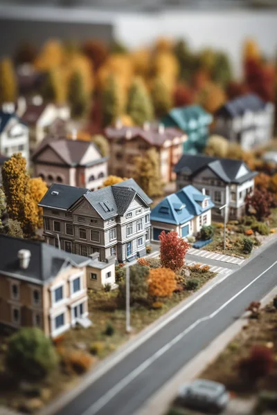 Miniature Model Suburban Neighborhood With Autumn Trees