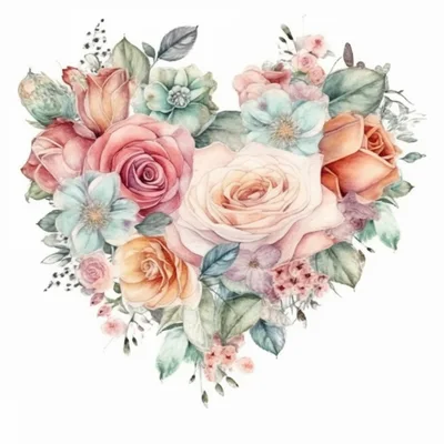 Watercolor Floral Heart Arrangement With Pastel Roses