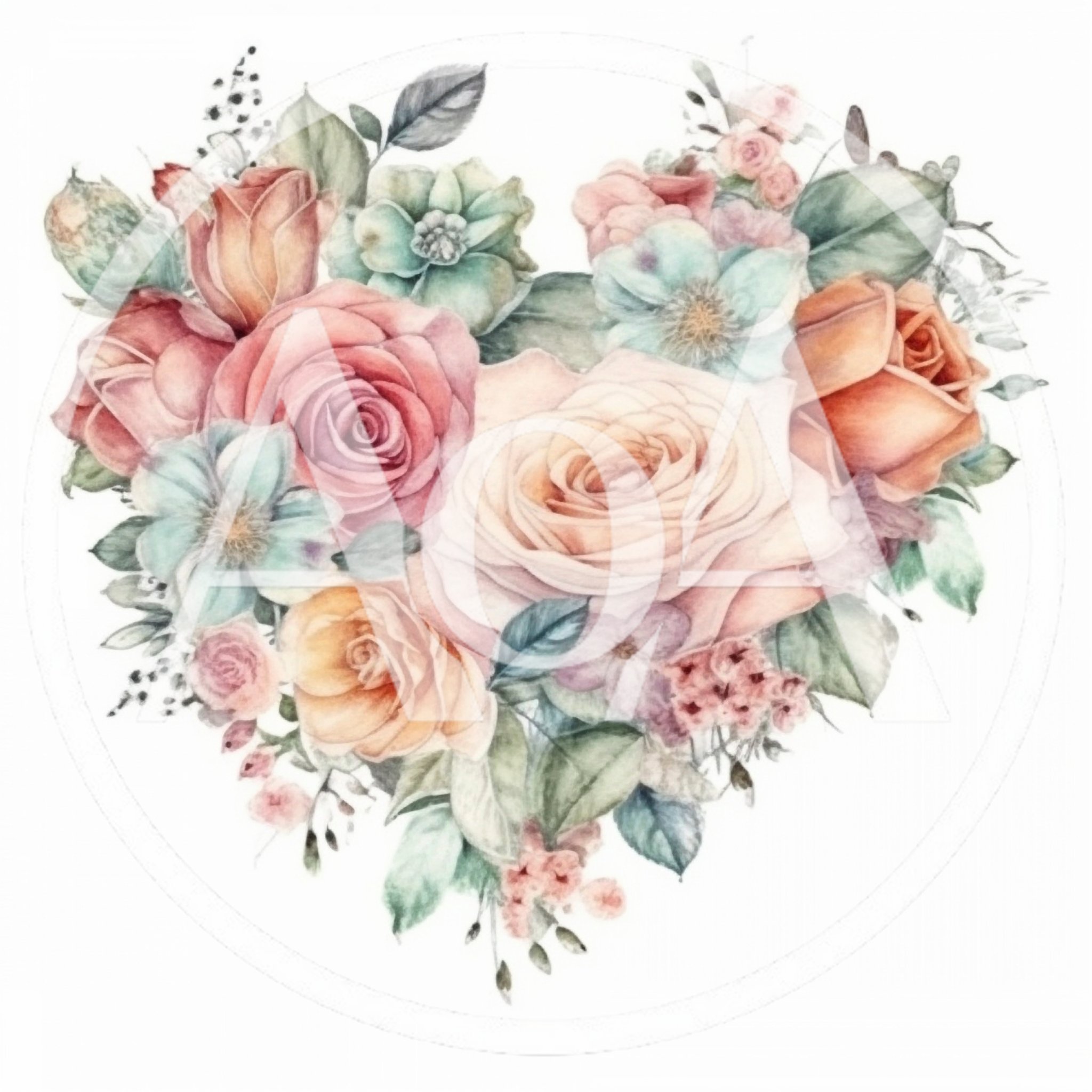 Watercolor Floral Heart Arrangement With Pastel Roses