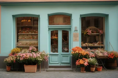 Charming Flower Shop Exterior With Pastel Blue Facade