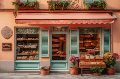 Charming European Bakery Storefront With Floral Decorations