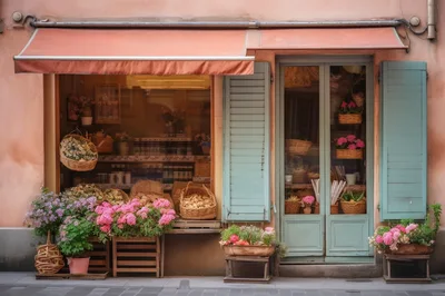 Charming Flower Shop Front With Pastel Shutters