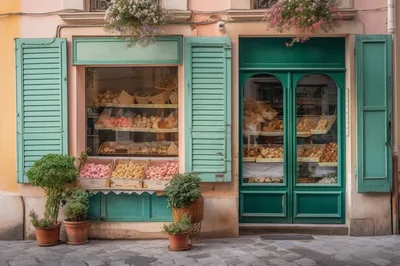 Charming European Shopfront With Pastel Walls And Green Shutters