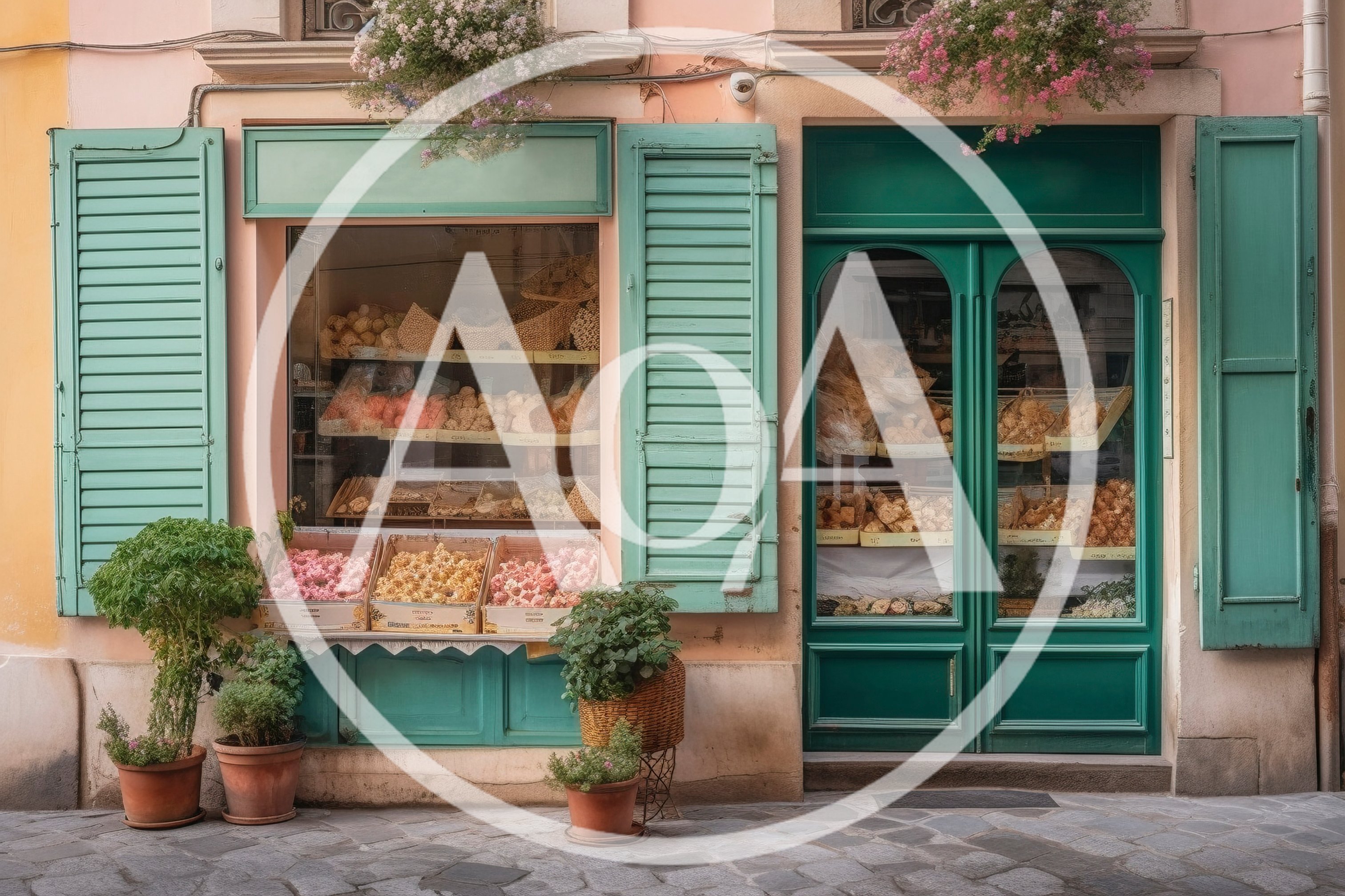 Charming European Shopfront With Pastel Walls And Green Shutters