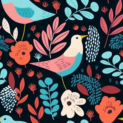 Seamless Pattern With Stylized Birds And Floral Elements
