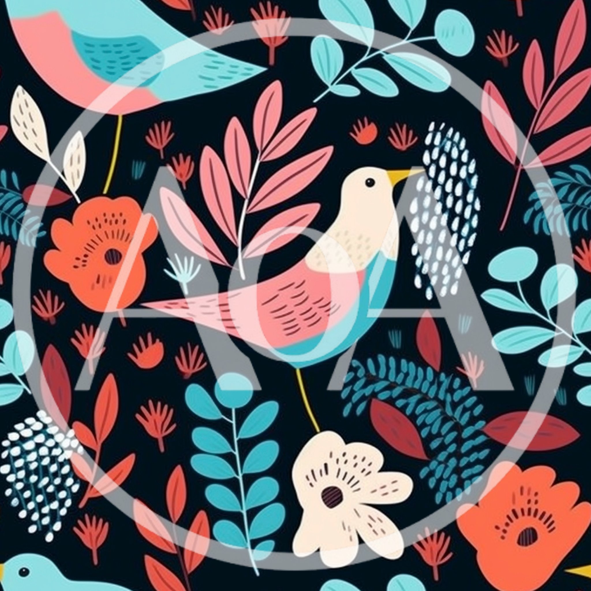 Seamless Pattern With Stylized Birds And Floral Elements