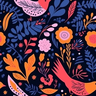 Seamless Folk Art Pattern With Birds And Flowers