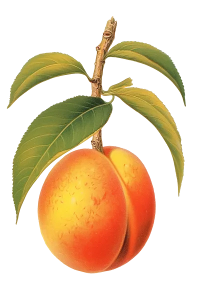 Botanical Illustration Of A Ripe Peach With Leaves