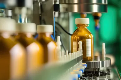 Amber Glass Bottles Moving Along Pharmaceutical Filling Line