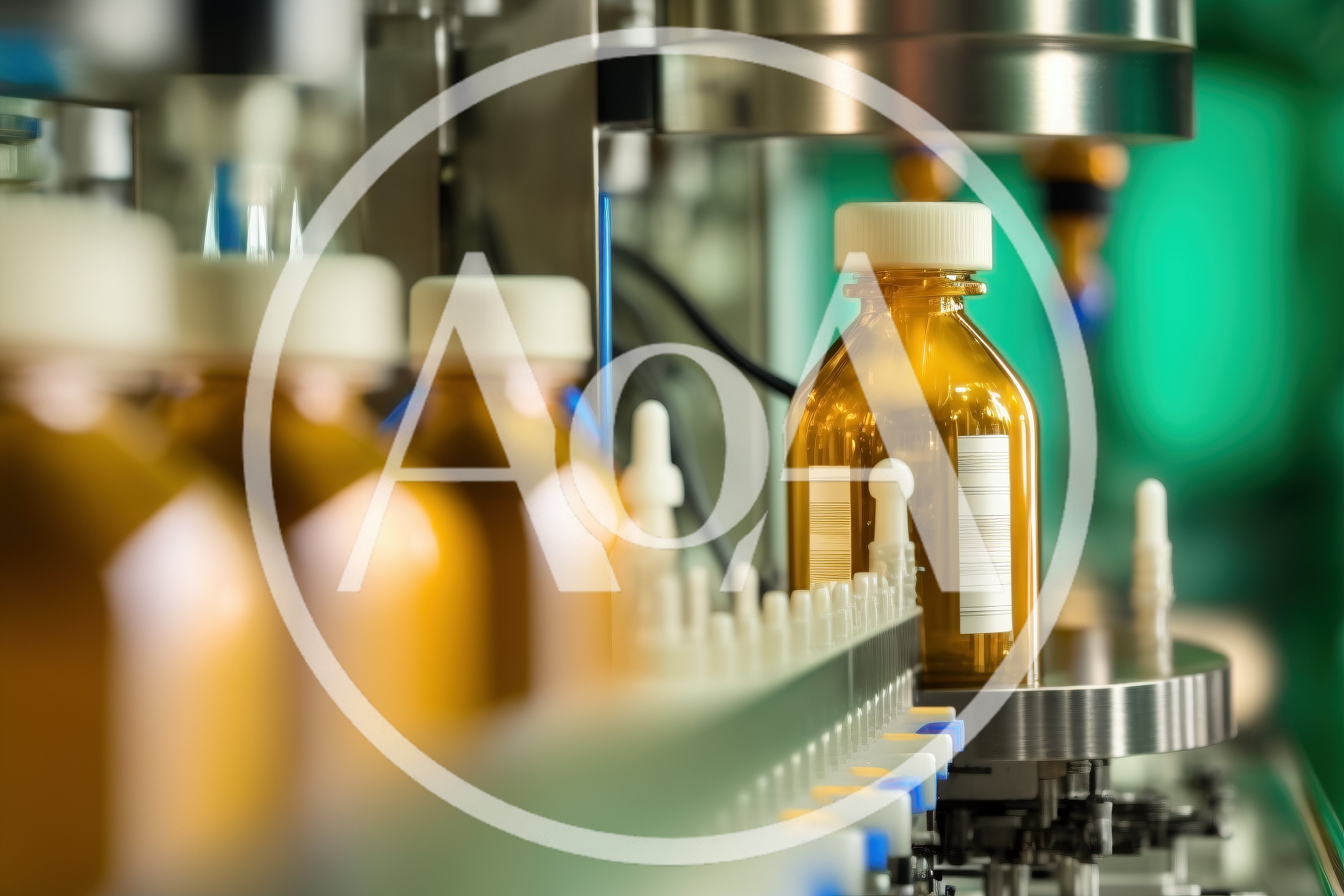 Amber Glass Bottles Moving Along Pharmaceutical Filling Line