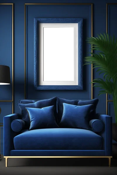 Luxury Blue Velvet Armchair With Empty Picture Frame