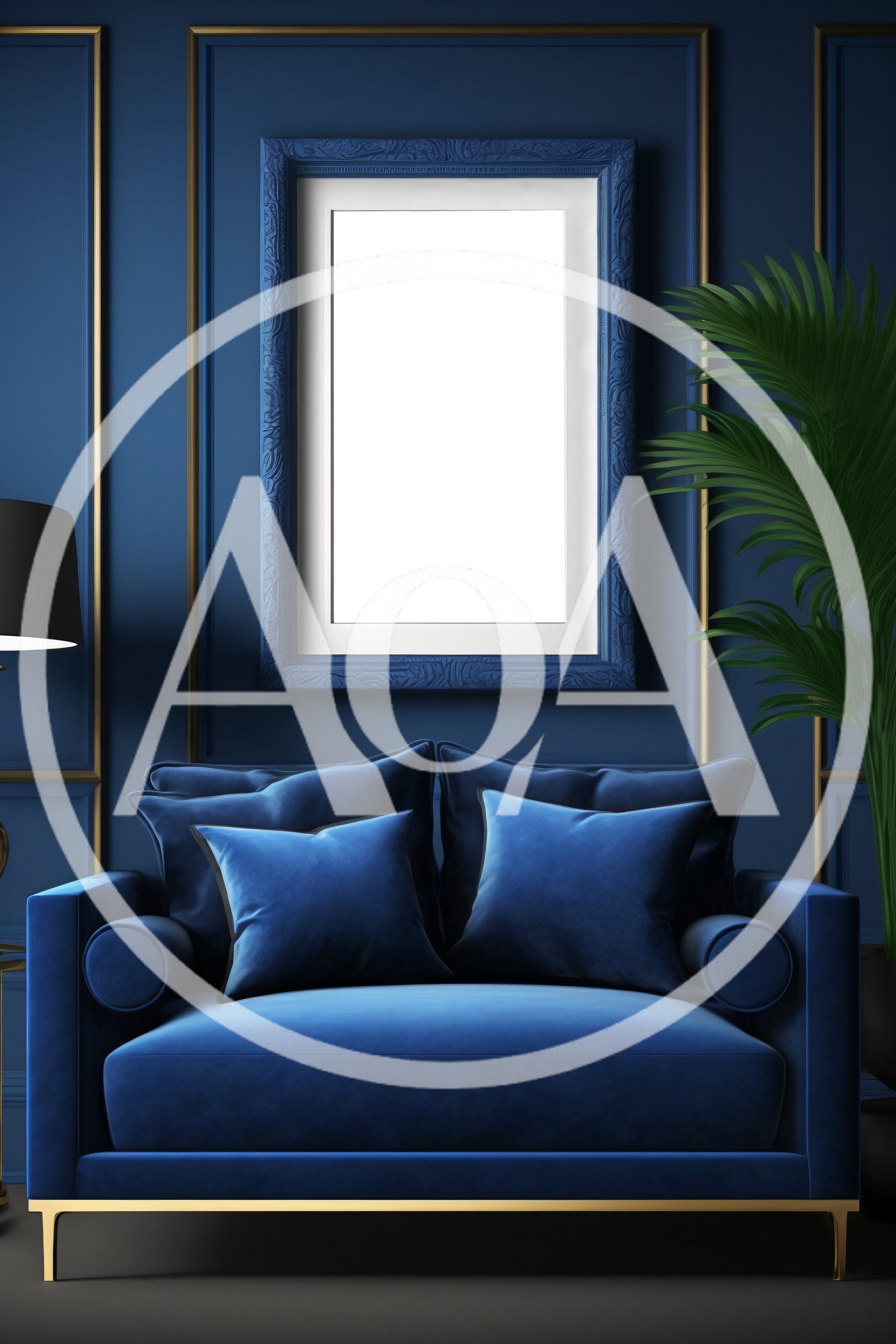 Luxury Blue Velvet Armchair With Empty Picture Frame