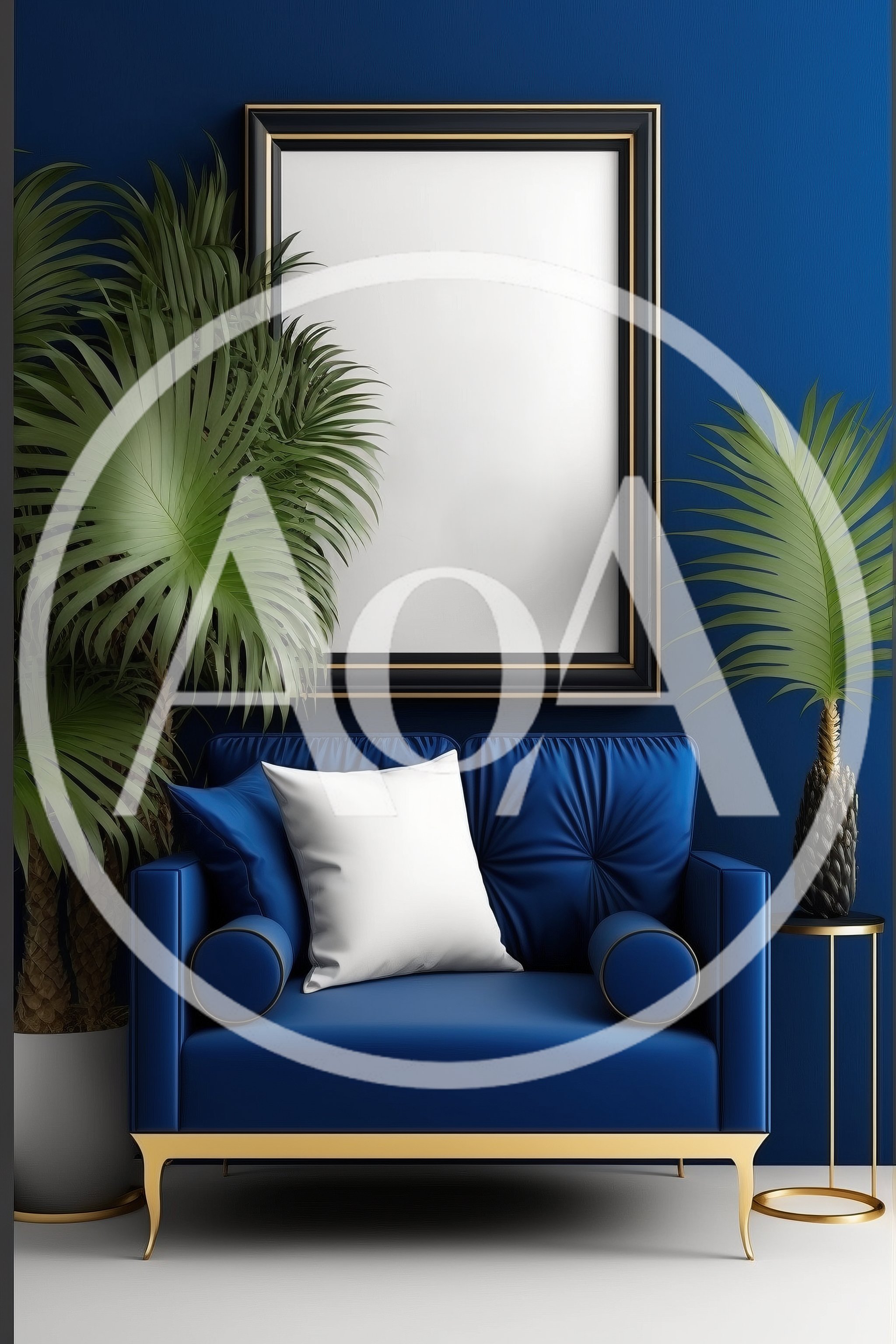 Modern Blue Velvet Armchair With Gold Accents