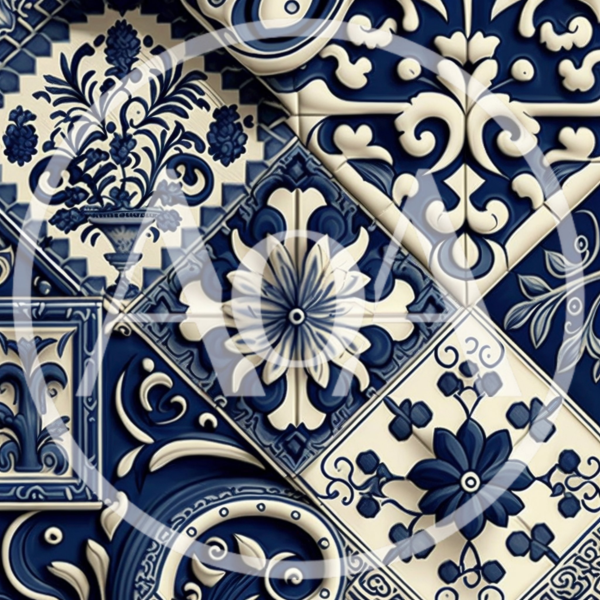 Blue and White Decorative Ceramic Tile Pattern