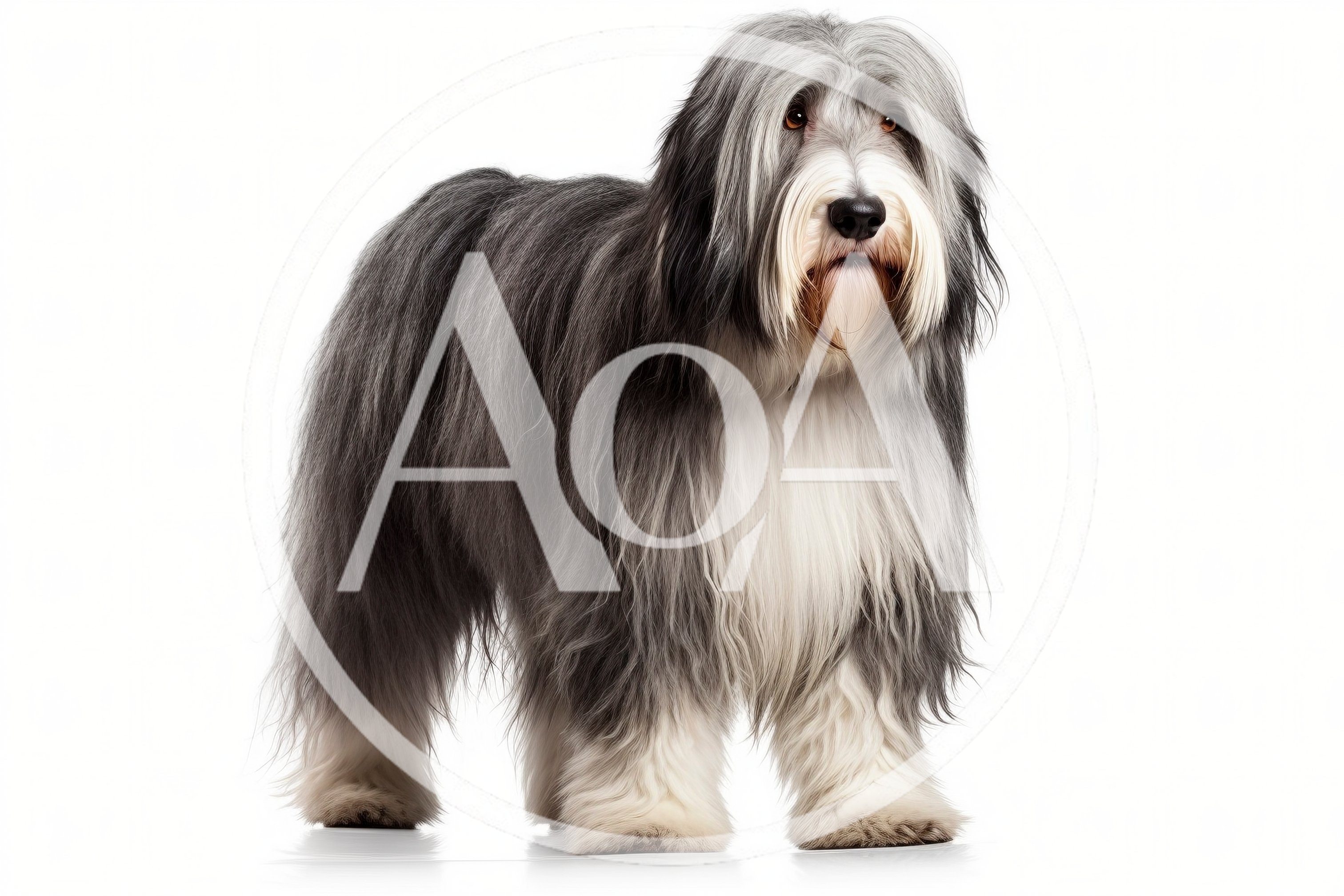 Bearded Collie Standing Against A White Background