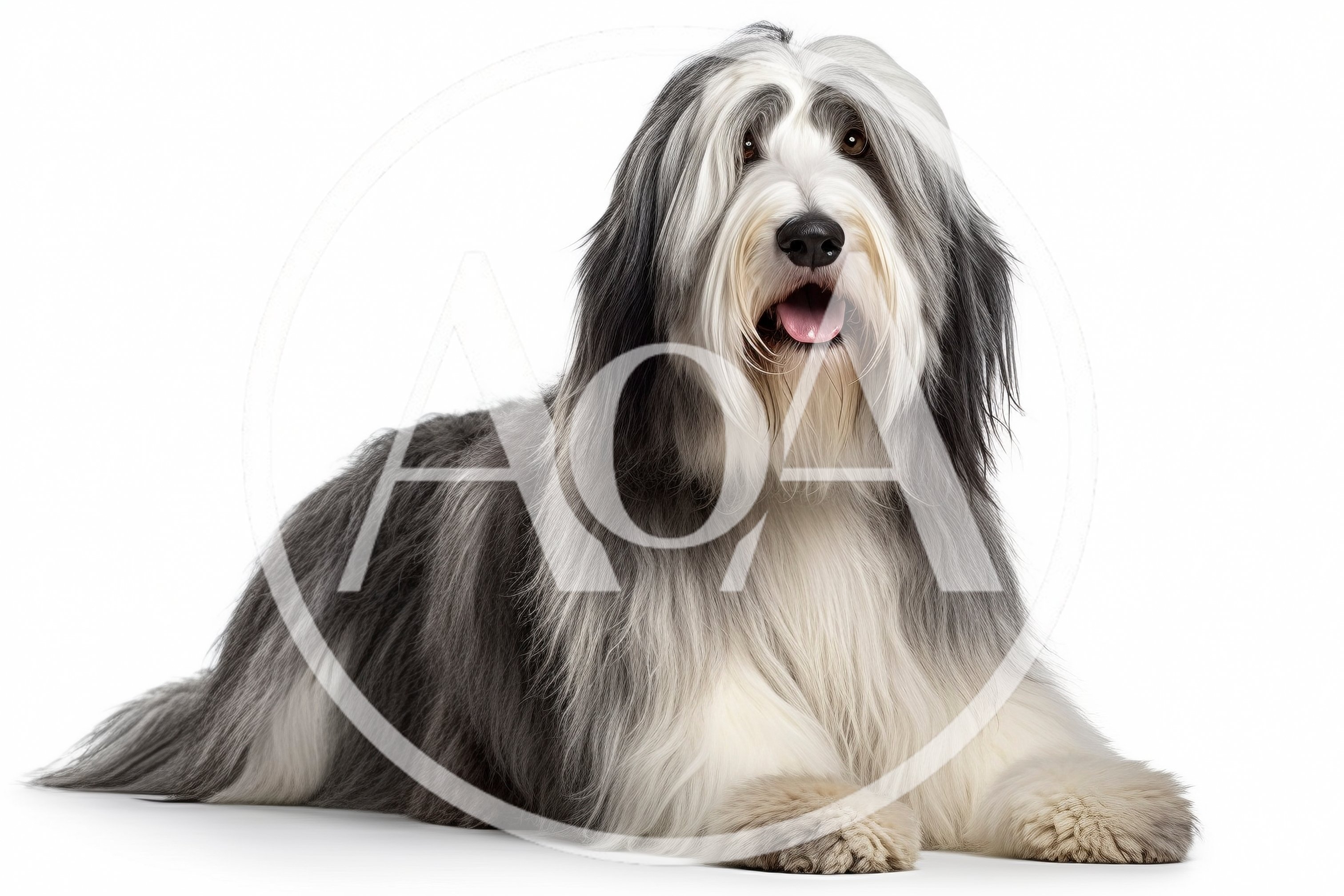 Bearded Collie Dog Lying Down On White Background