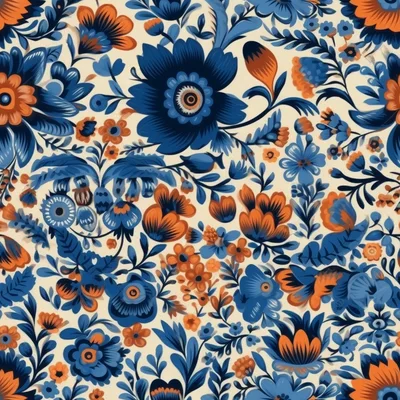 Seamless Floral Pattern With Blue And Orange Flowers
