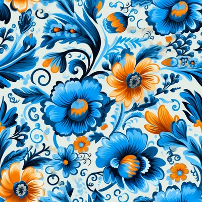 Seamless Floral Pattern With Blue And Orange Flowers