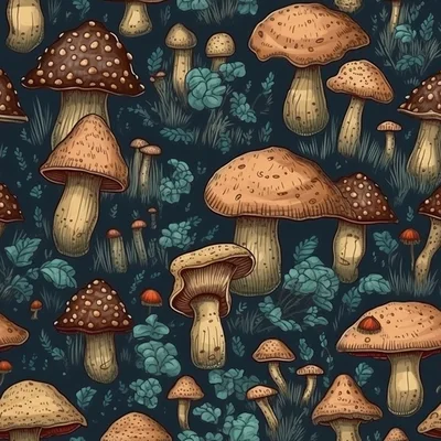 Seamless Pattern of Hand Drawn Forest Mushrooms