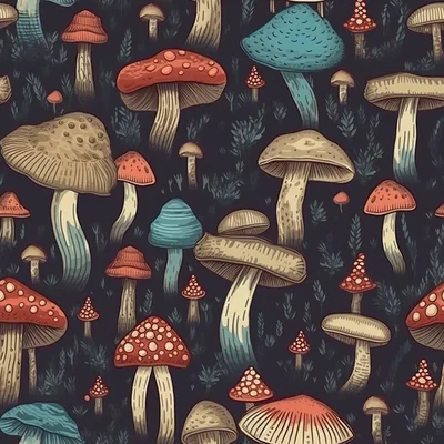 Seamless Pattern Of Colorful Forest Mushrooms