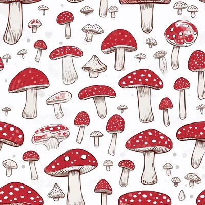 Seamless Pattern Of Hand Drawn Red Mushrooms