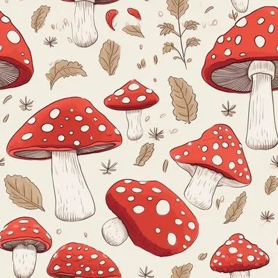 Seamless Pattern Of Red Amanita Muscaria Mushrooms