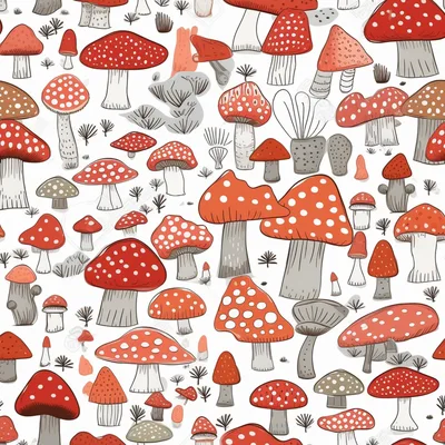 Seamless Pattern Of Hand Drawn Red Mushrooms