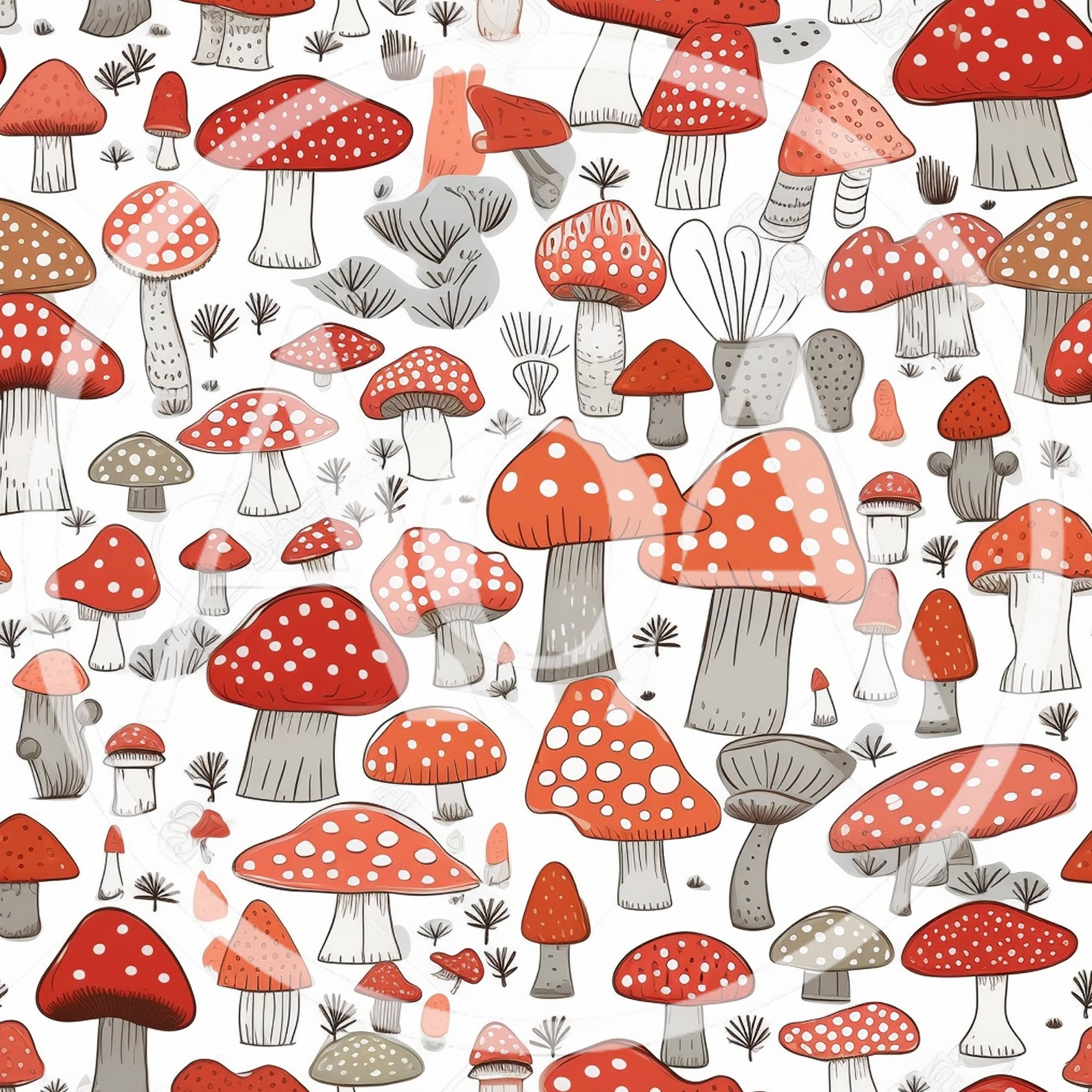 Seamless Pattern Of Hand Drawn Red Mushrooms