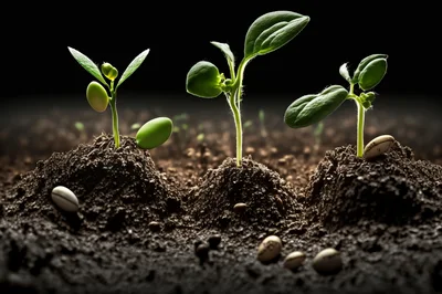 Three Young Green Seedlings Growing From Fertile Soil