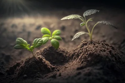 Three Small Green Seedlings Growing In Dark Soil