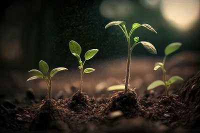 Four Small Green Seedlings Growing In Fertile Soil