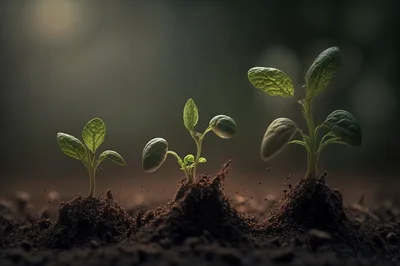 Three Green Seedlings Growing In Dark Soil