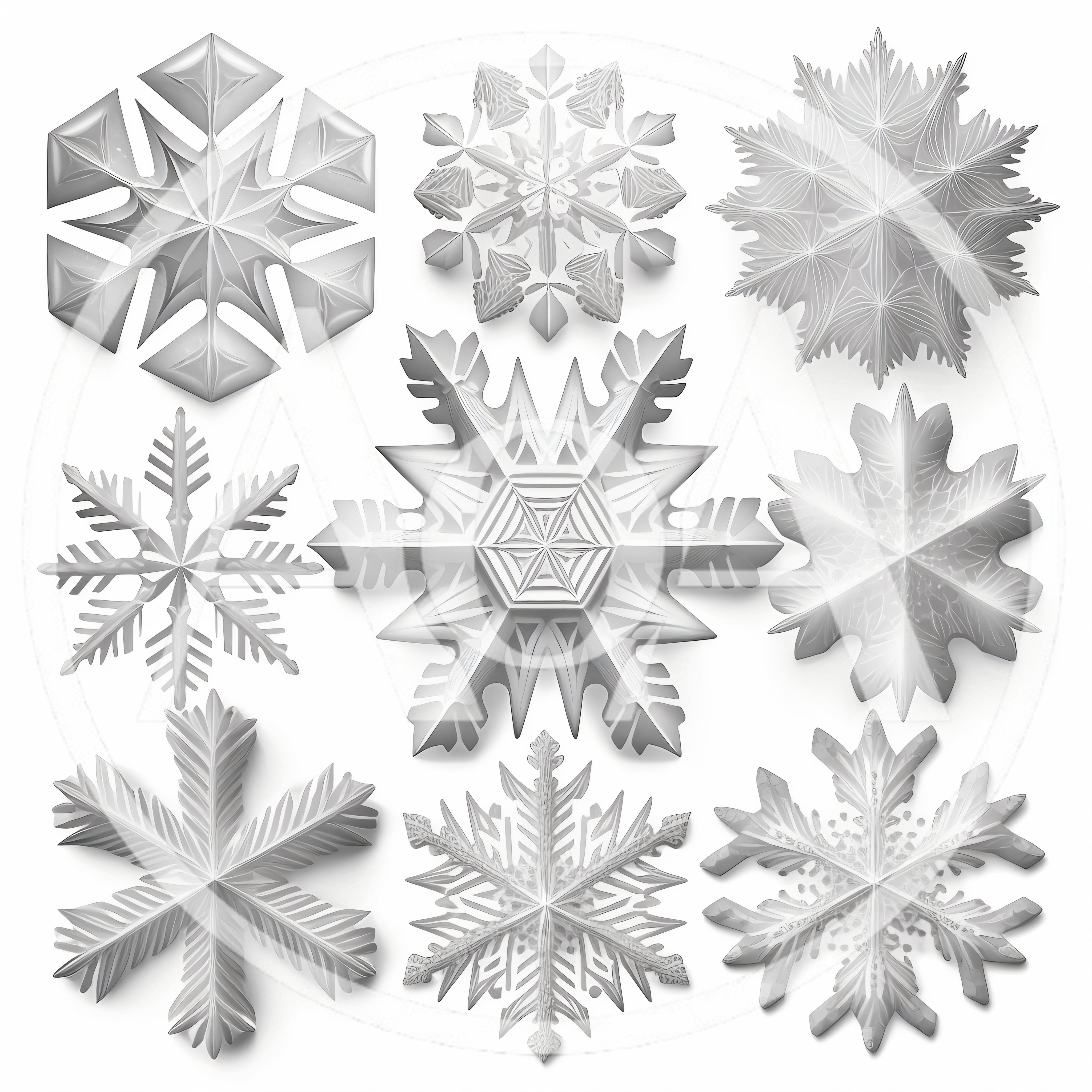 Collection Of Nine Unique White 3D Snowflakes