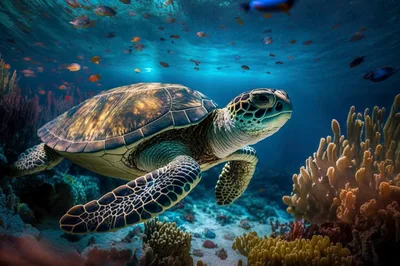 Green Sea Turtle Swimming Over Vibrant Coral Reef