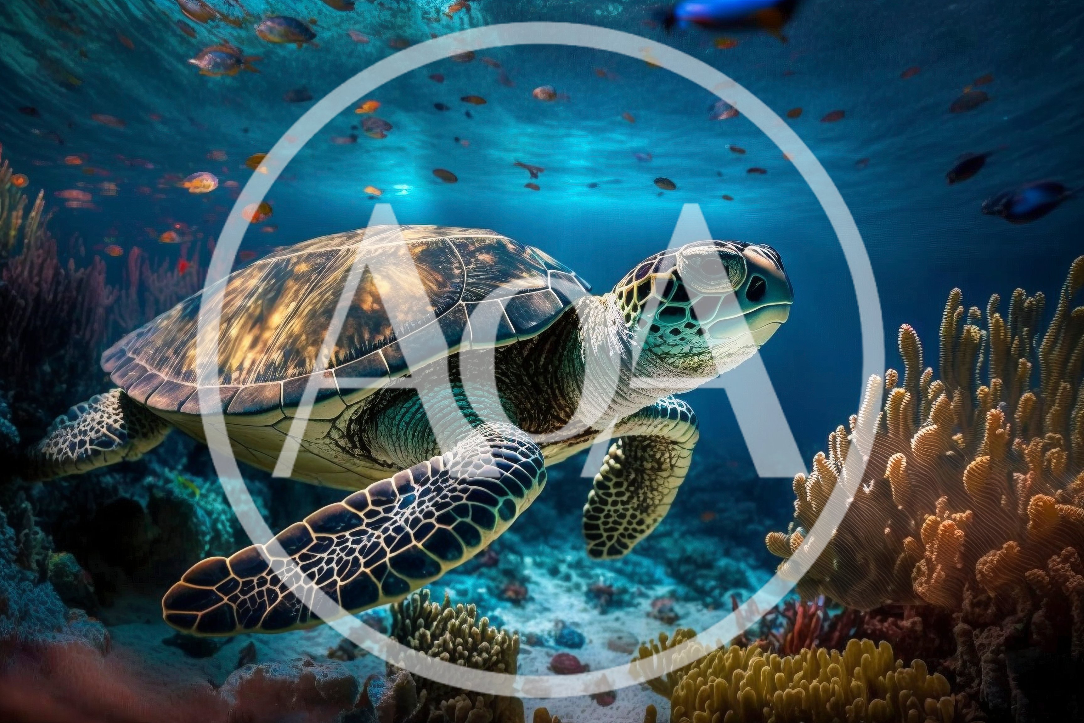 Green Sea Turtle Swimming Over Vibrant Coral Reef