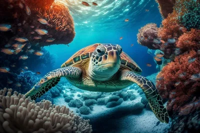 Green Sea Turtle Swimming Through Vibrant Coral Reef
