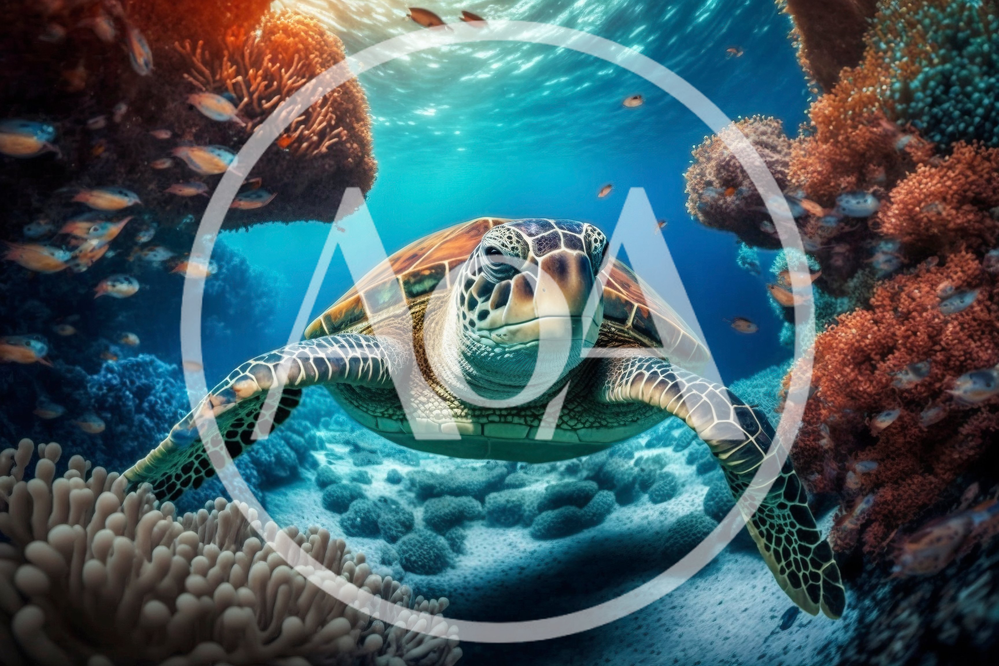 Green Sea Turtle Swimming Through Vibrant Coral Reef