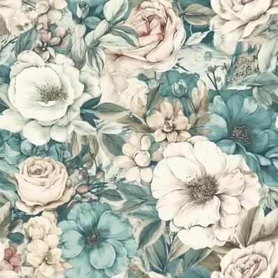 Vintage Floral Pattern With Teal And Cream Roses