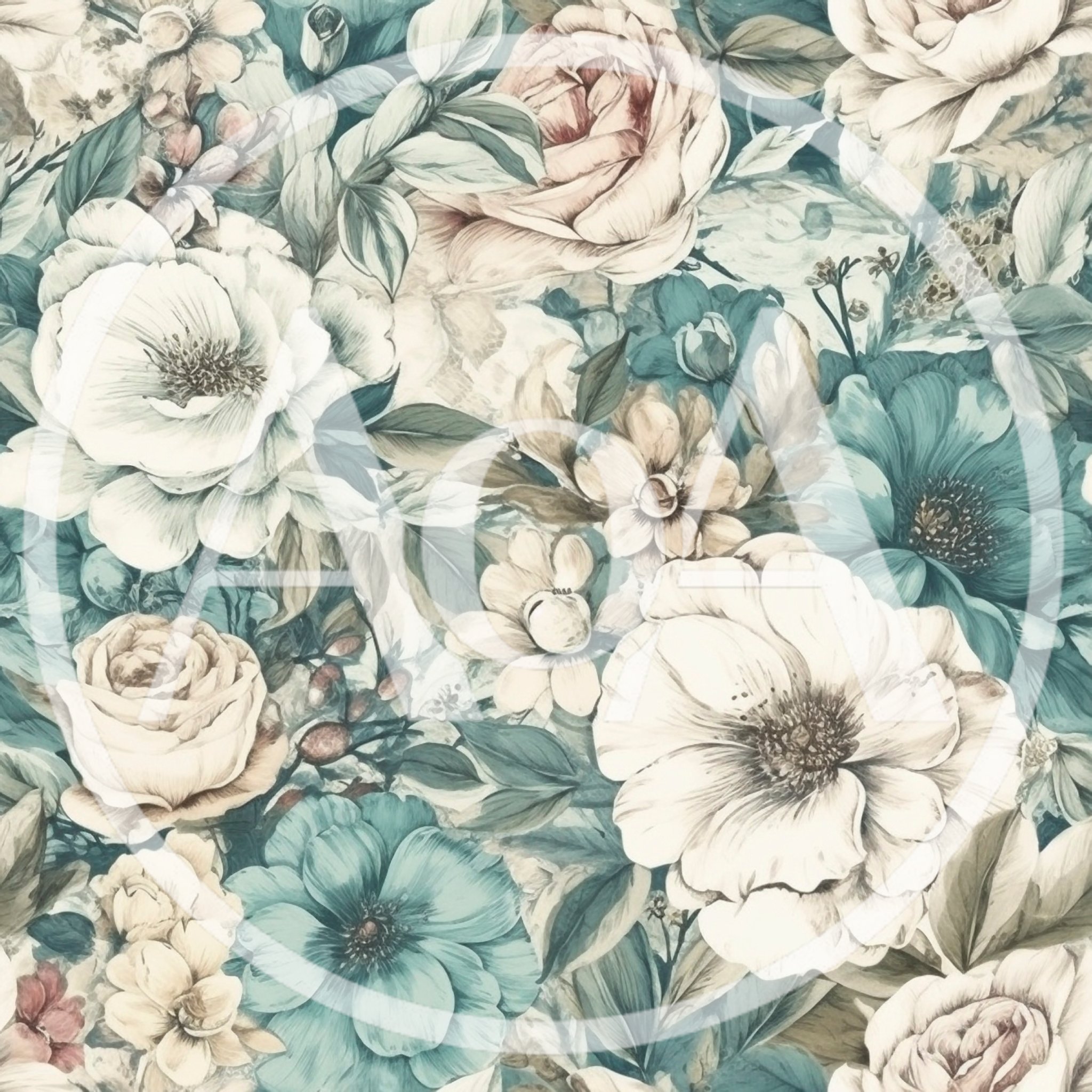 Vintage Floral Pattern With Teal And Cream Roses