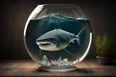 Great White Shark Swimming Inside A Glass Fishbowl