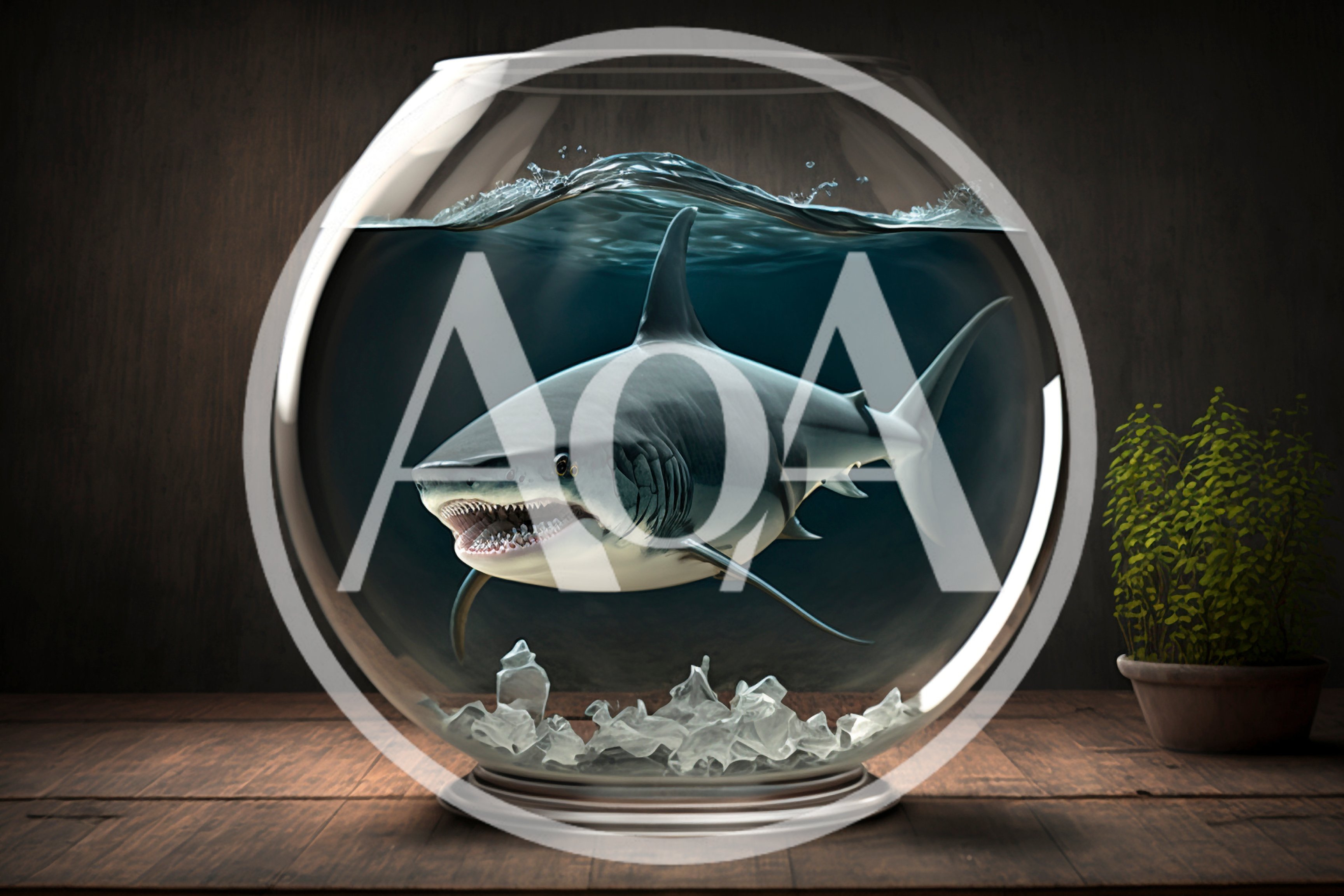 Great White Shark Swimming Inside A Glass Fishbowl