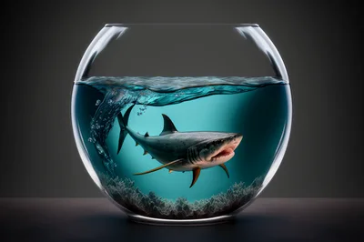 Great White Shark Swimming Inside A Glass Fishbowl