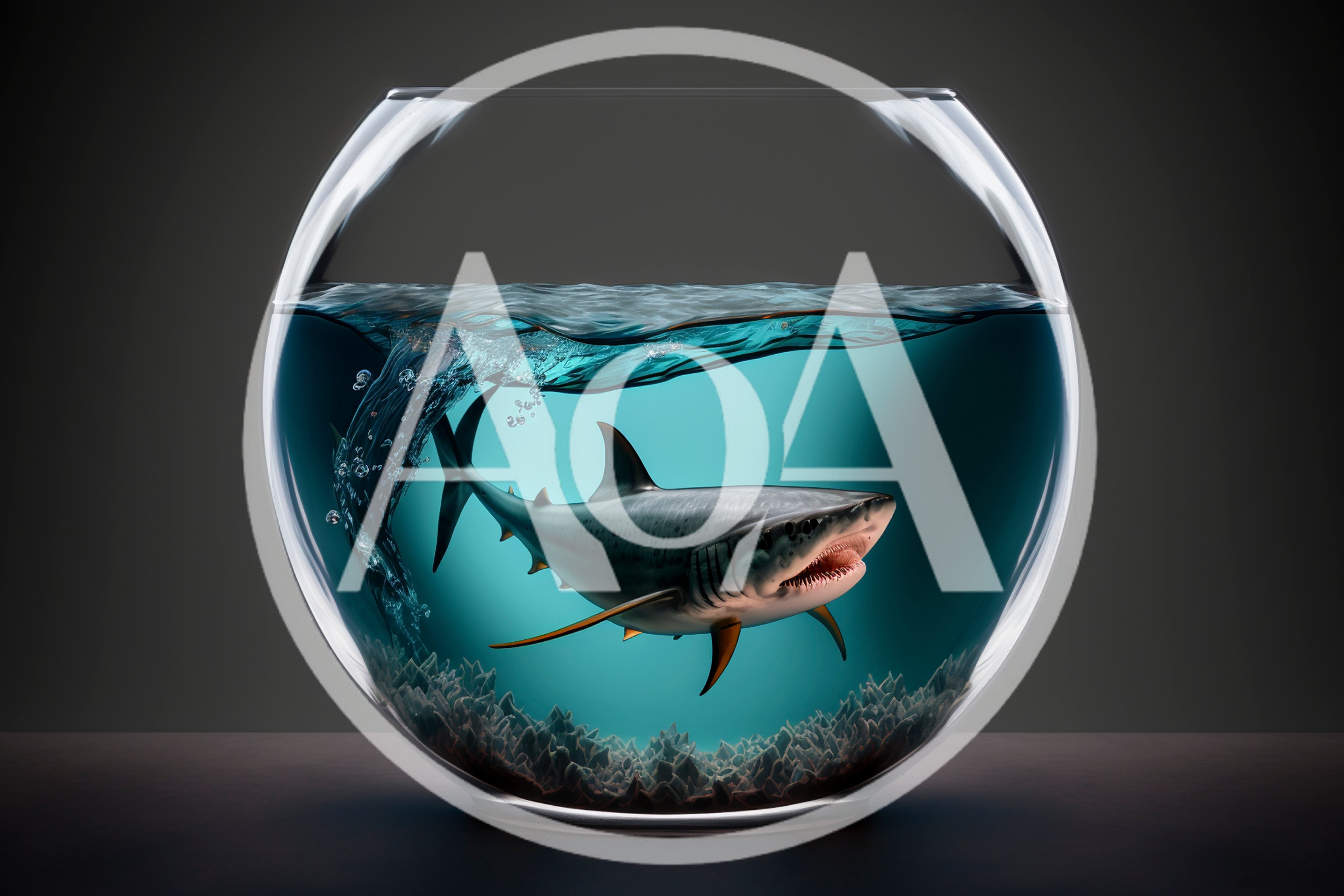 Great White Shark Swimming Inside A Glass Fishbowl